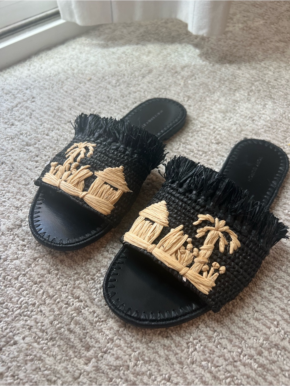 Tory Burch Black Raffia Slide Sandals with Natural Embroidery